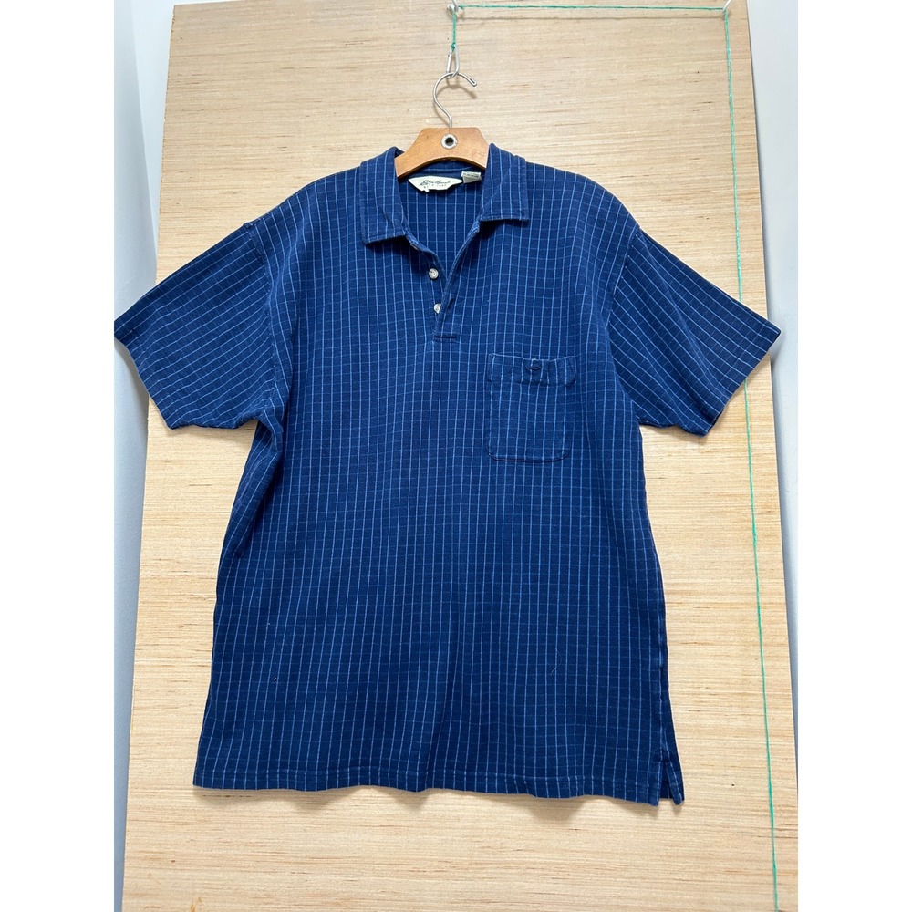 Eddie Bauer Mens L G Blue Plaid Short Sleeve Pocket Polo Shirt Cotton